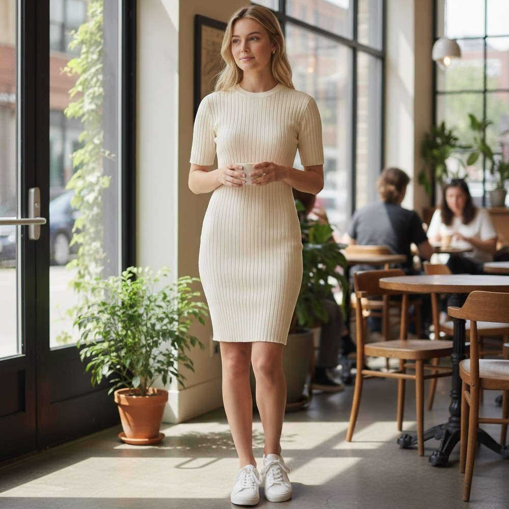 Anine Bing Skylar T Shirt Dress Women Medium Cream Ribbed Knit Short Sleeve Mini